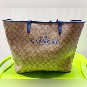 Coach Signature Logo Tote Bag  Brown Blue Trim Shoulder Bag Purse Authentic
